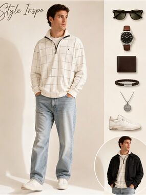 Nautica Men’s Cream Grid Quarter-Zip Pullover Sweater